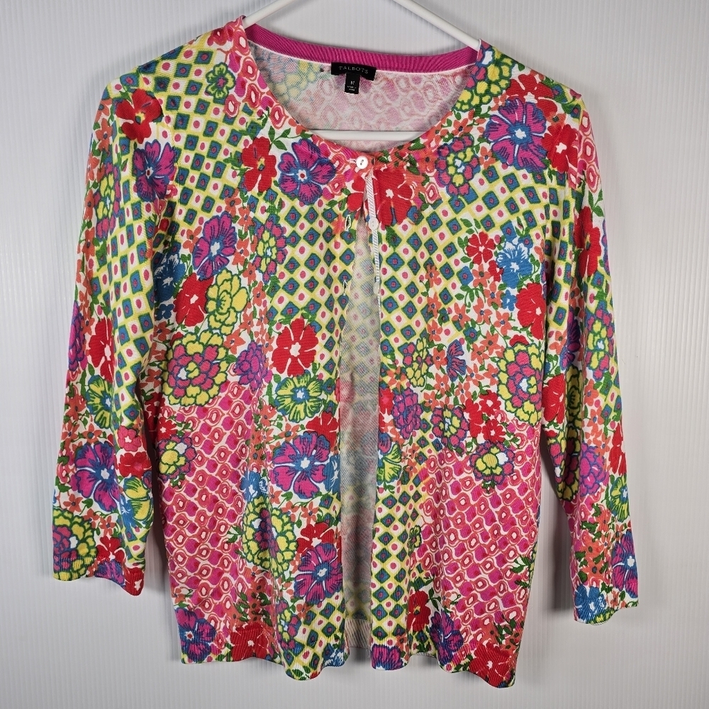 Talbots Women's Floral And Geometric Print Button Up Cardigan 3/4 Sleeve Size M